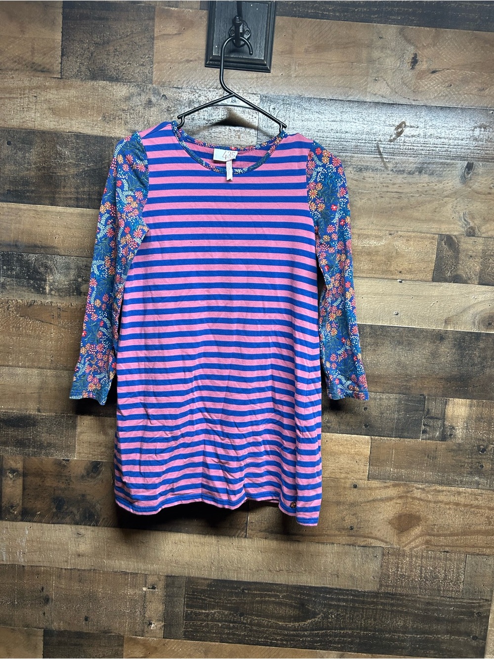 LuLaRoe Pink and Blue Striped Long Sleeve Tunic with Floral Sleeves